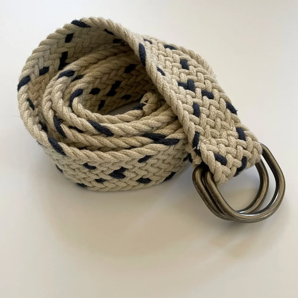 Woven Braided Rope Belt Cream Navy D-Ring Buckle Nautical Preppy Academia